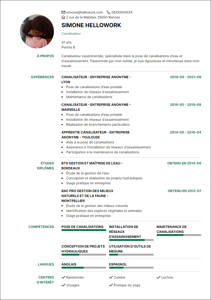 Modèle CV Canalisateur Exemple CV Canalisateur