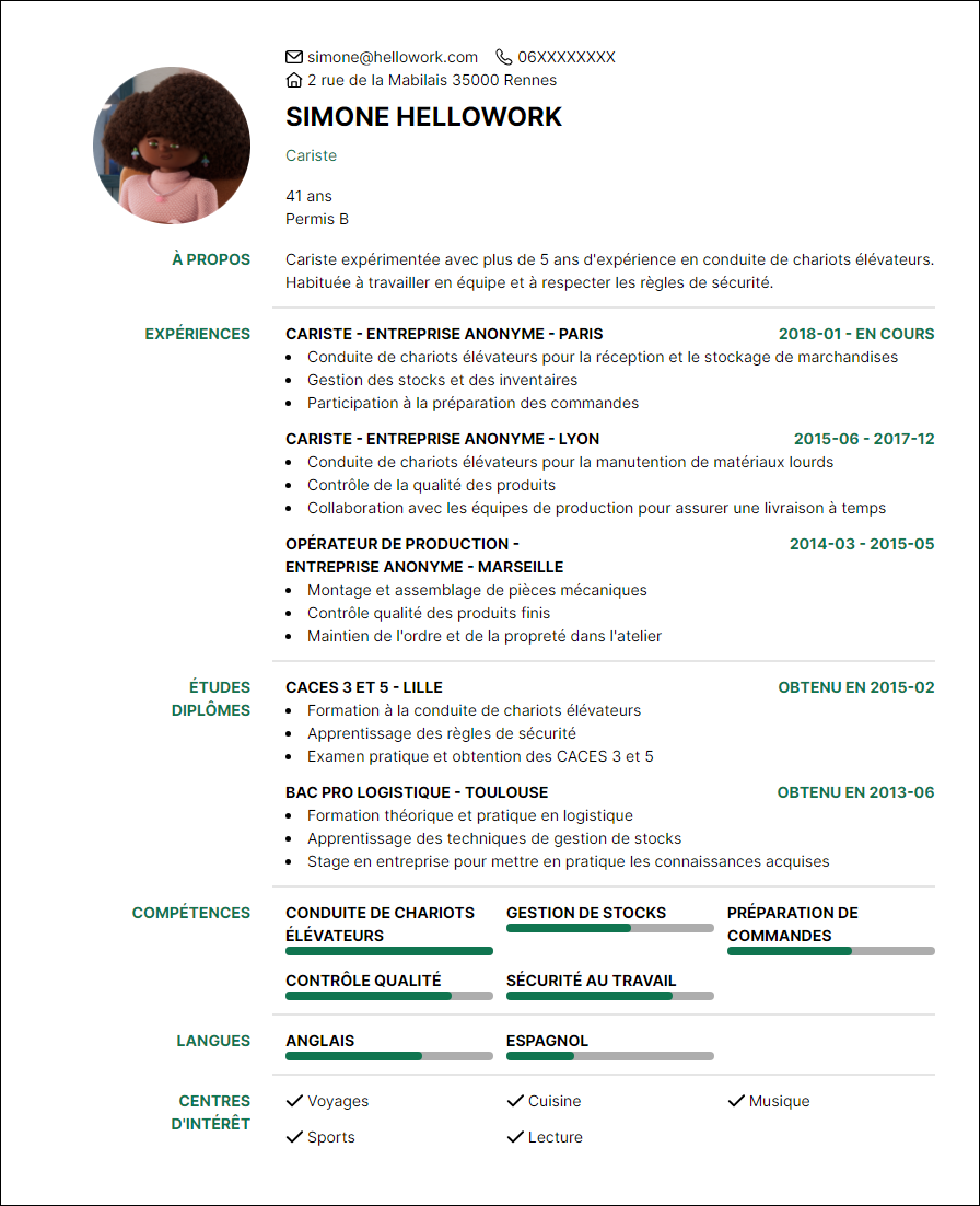 Modèle CV Cariste Exemple CV Cariste