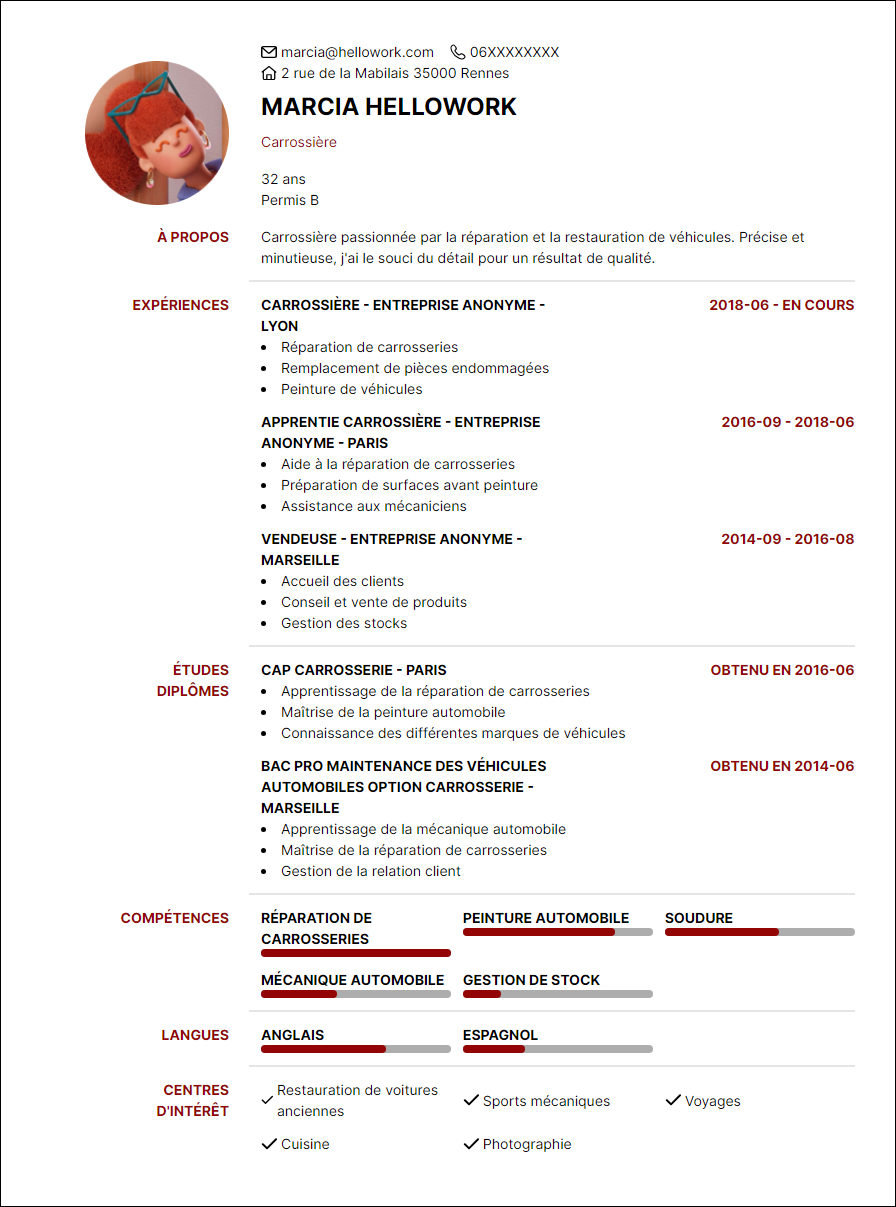 Modèle CV Carrossier Exemple CV Carrossier