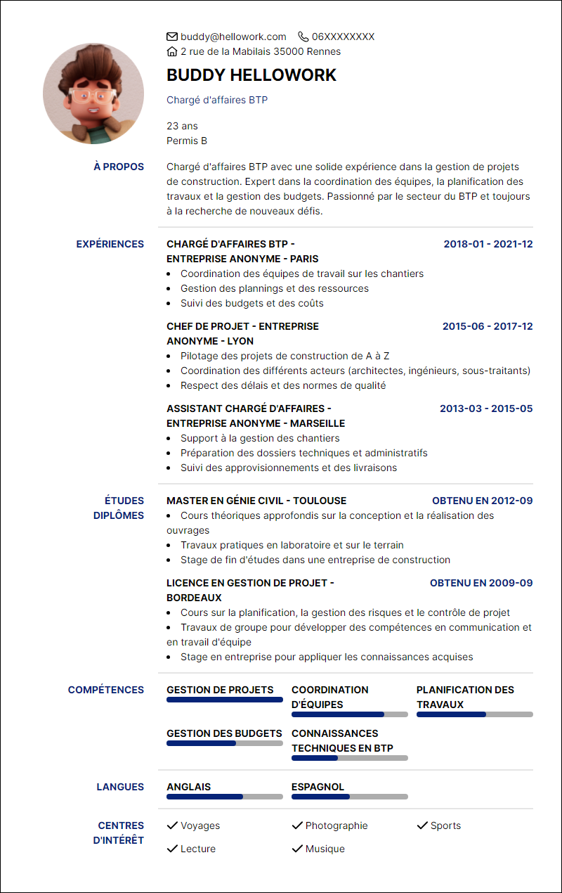 Modèle CV Chargé d'affaire BTP Exemple CV Chargé d'affaire BTP