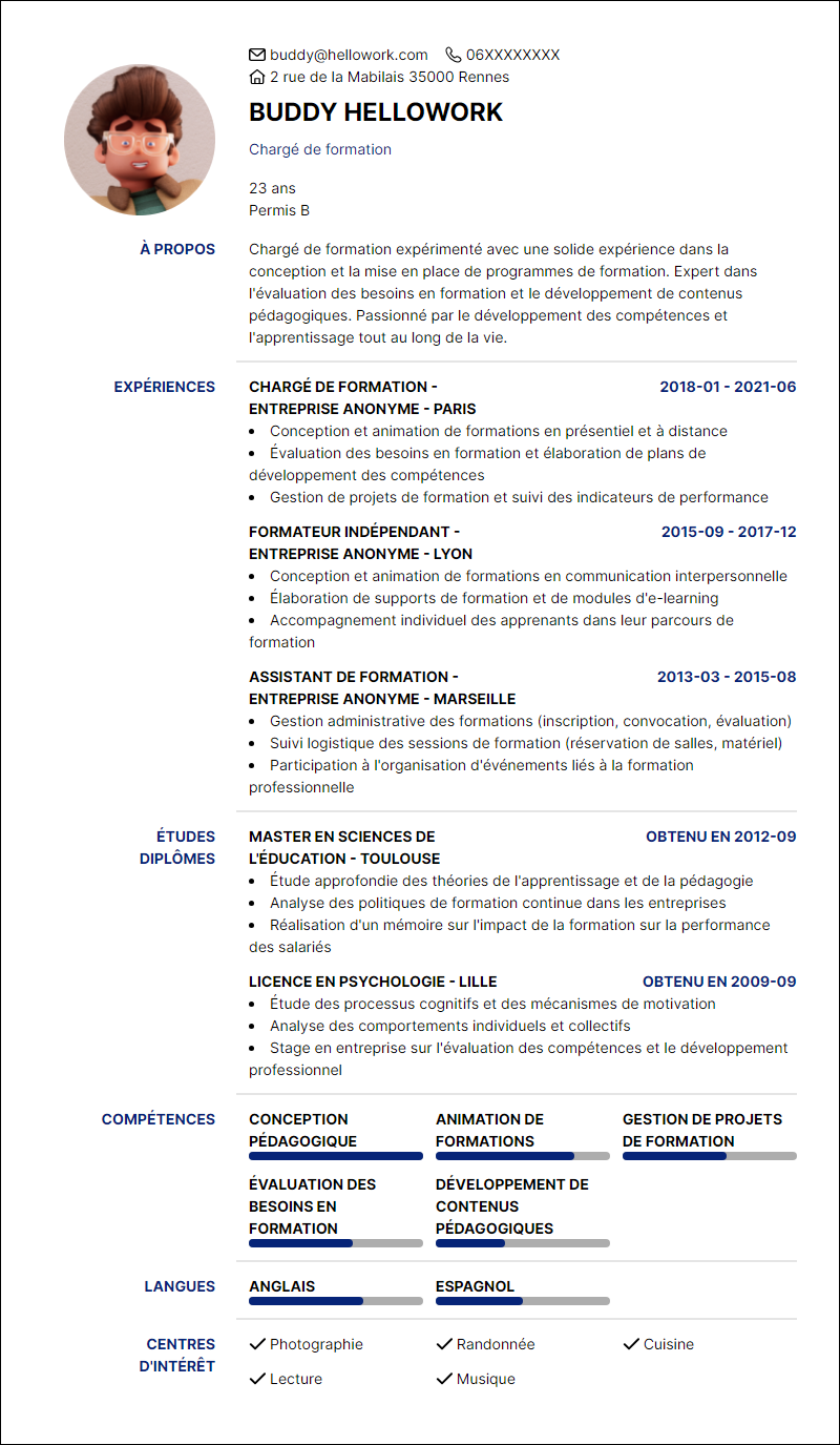 Modèle CV Chargé de formation Exemple CV Chargé de formation