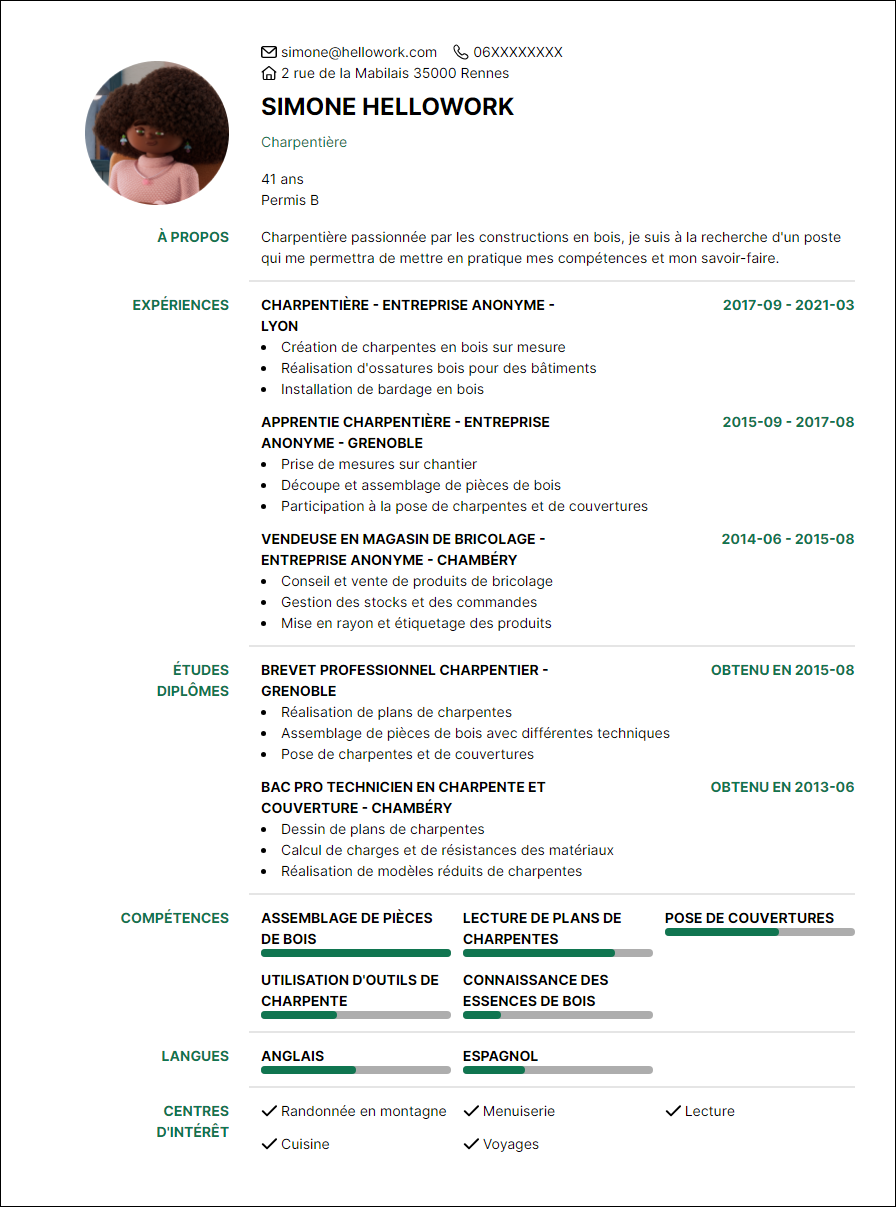 Modèle CV Charpentier Exemple CV Charpentier