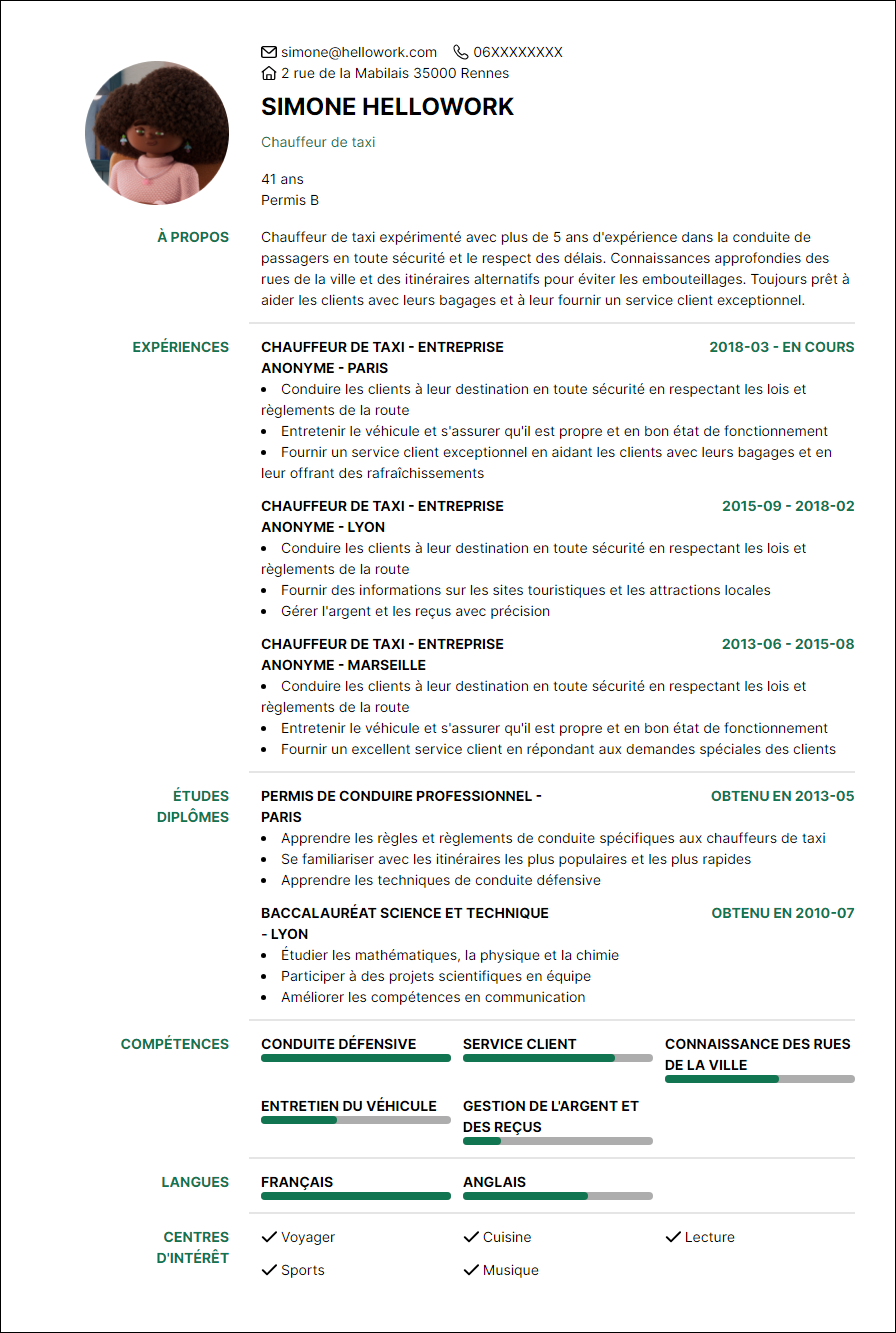 Modèle CV Chauffeur de taxi Exemple CV Chauffeur de taxi