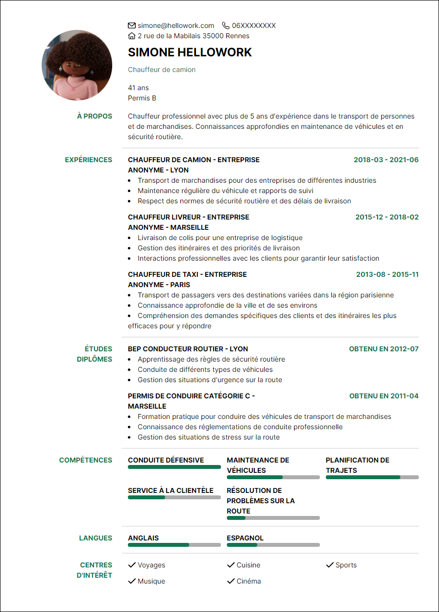 Modèle CV Chauffeur Exemple CV Chauffeur