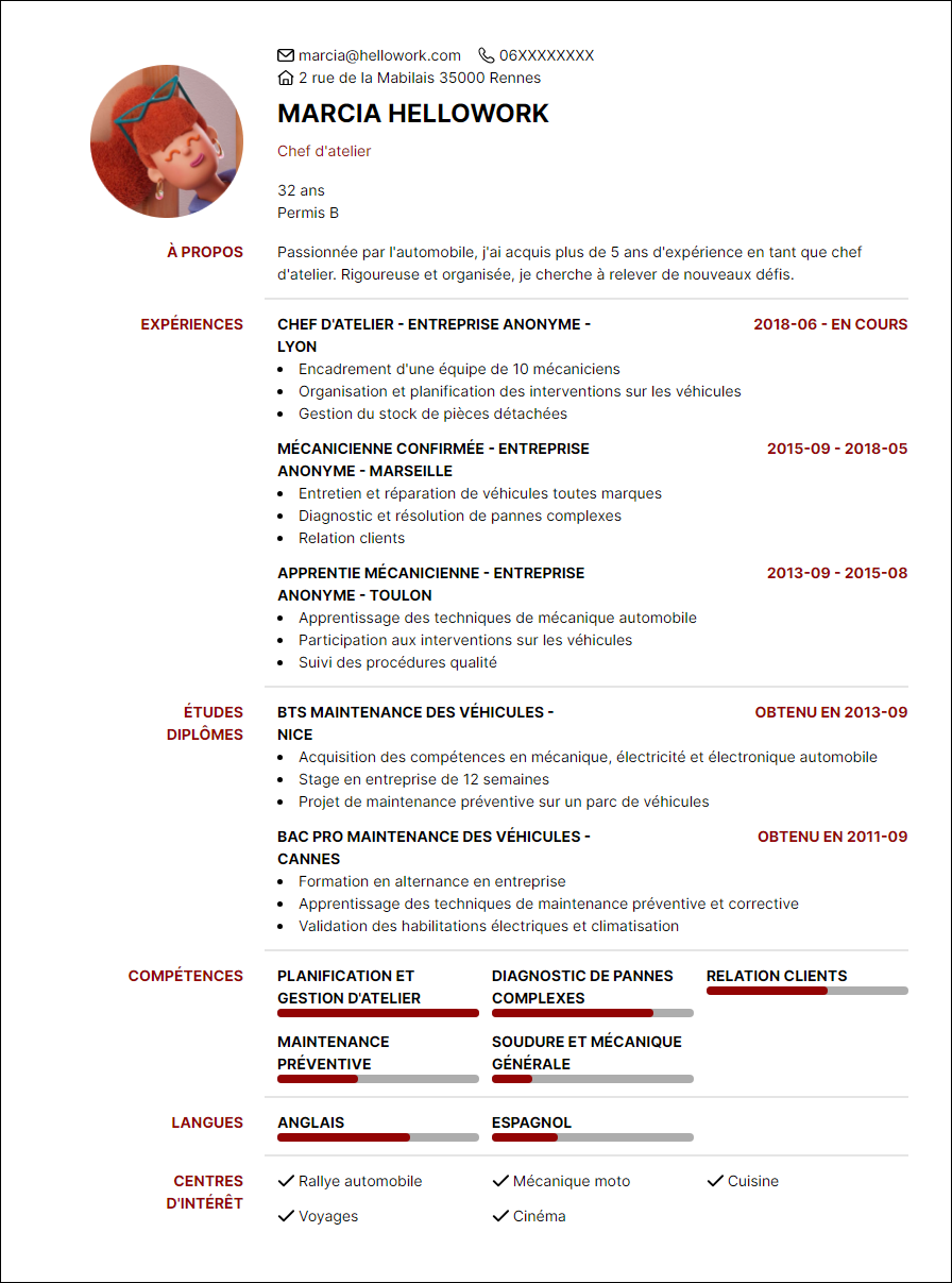 Modèle CV Chef d'atelier automobile Exemple CV Chef d'atelier automobile