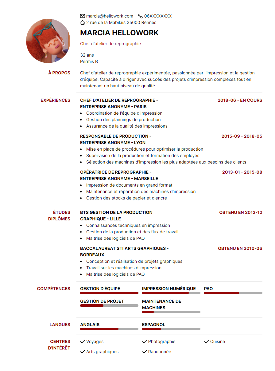 Modèle CV Responsable reprographie Exemple CV Responsable reprographie