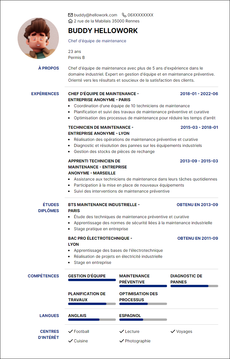 Modèle CV Chef d'équipe maintenance Exemple CV Chef d'équipe maintenance