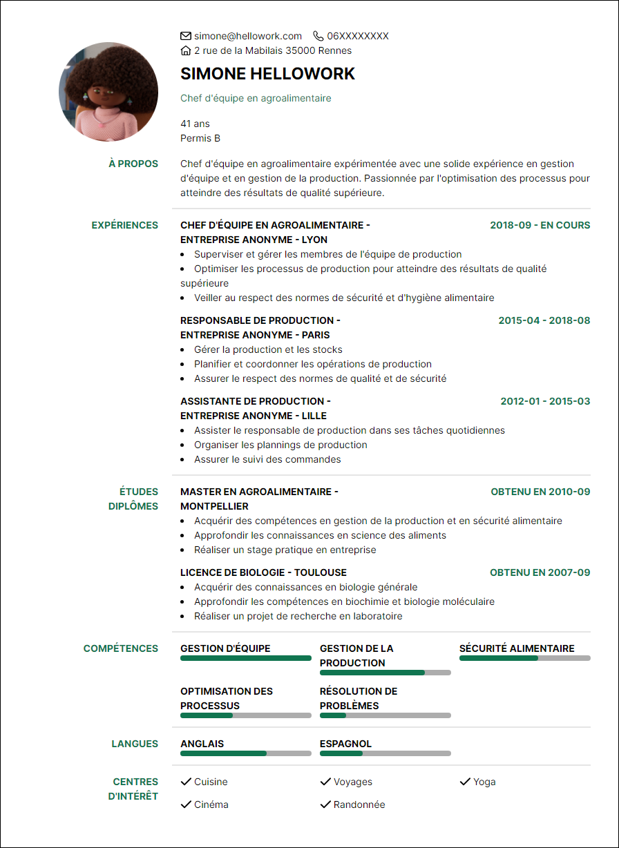 Modèle CV Chef d'équipe agroalimentaire Exemple CV Chef d'équipe agroalimentaire