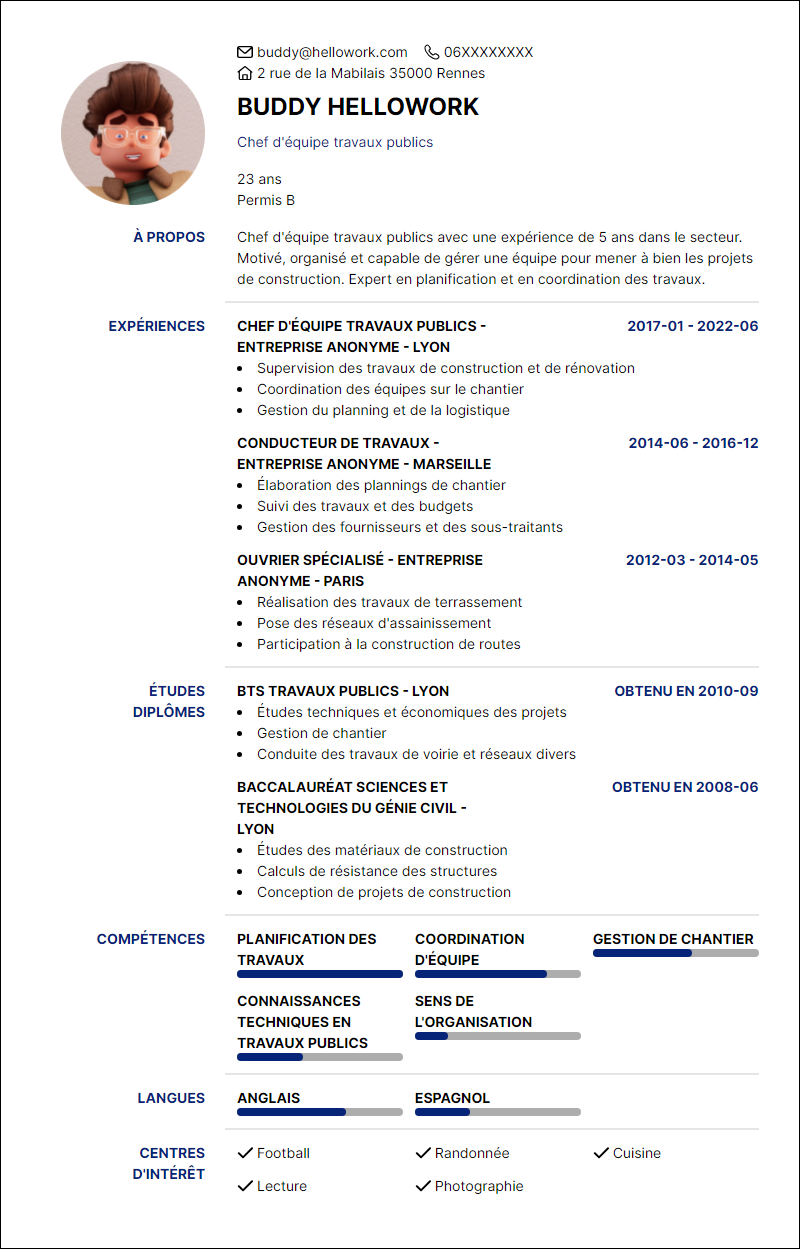 Modèle CV Chef d'équipe travaux publics Exemple CV Chef d'équipe travaux publics