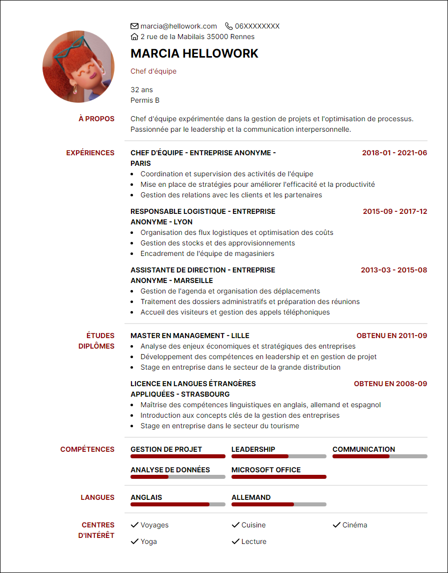 Modèle CV Chef d'équipe Exemple CV Chef d'équipe