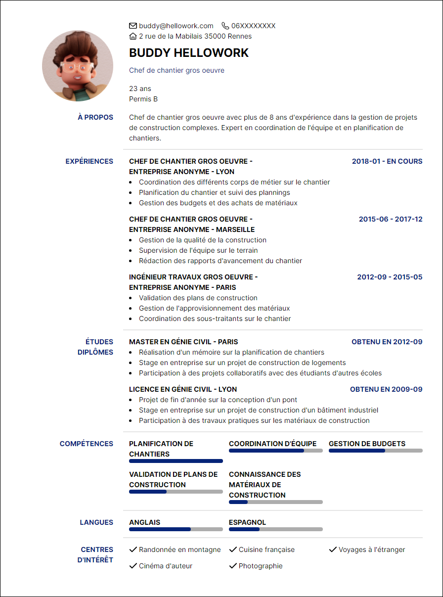 Modèle CV Chef chantier gros oeuvre Exemple CV Chef chantier gros oeuvre
