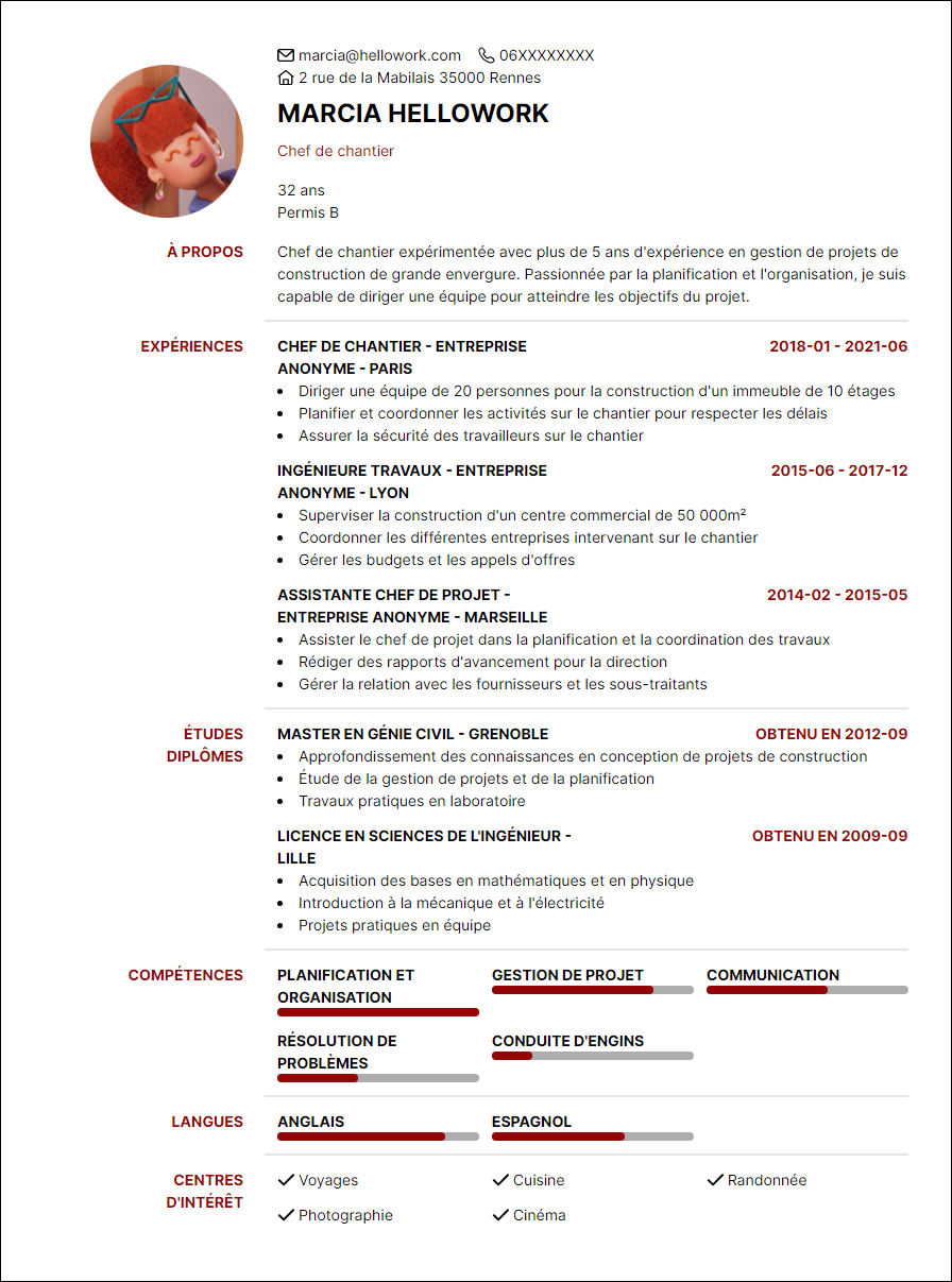 Modèle CV Chef de chantier Exemple CV Chef de chantier