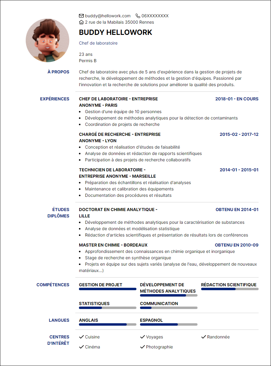 Modèle CV Responsable de laboratoire Exemple CV Responsable de laboratoire