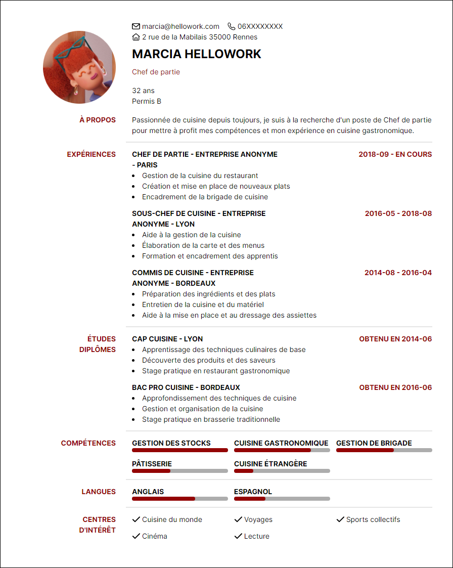 Modèle CV Chef de partie Exemple CV Chef de partie