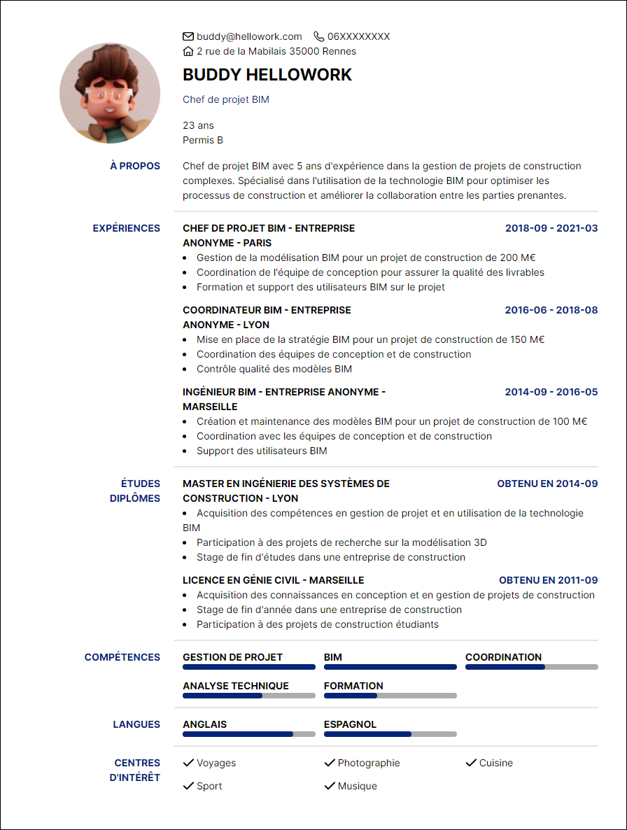 Modèle CV BIM manager Exemple CV BIM manager
