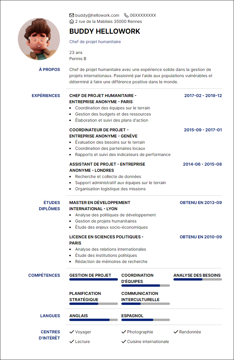 Modèle CV Chargé de mission humanitaire Exemple CV Chargé de mission humanitaire