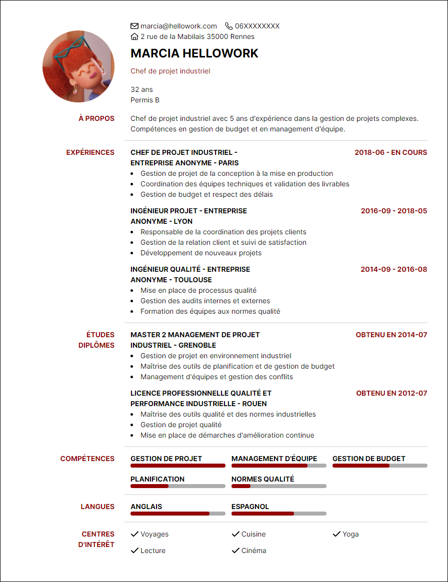 Modèle CV Chef de projet industriel Exemple CV Chef de projet industriel