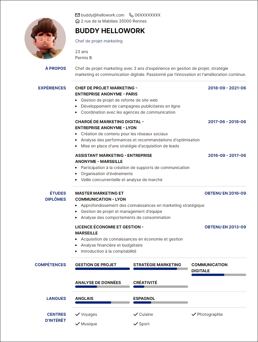 Modèle CV Chef de projet marketing Exemple CV Chef de projet marketing