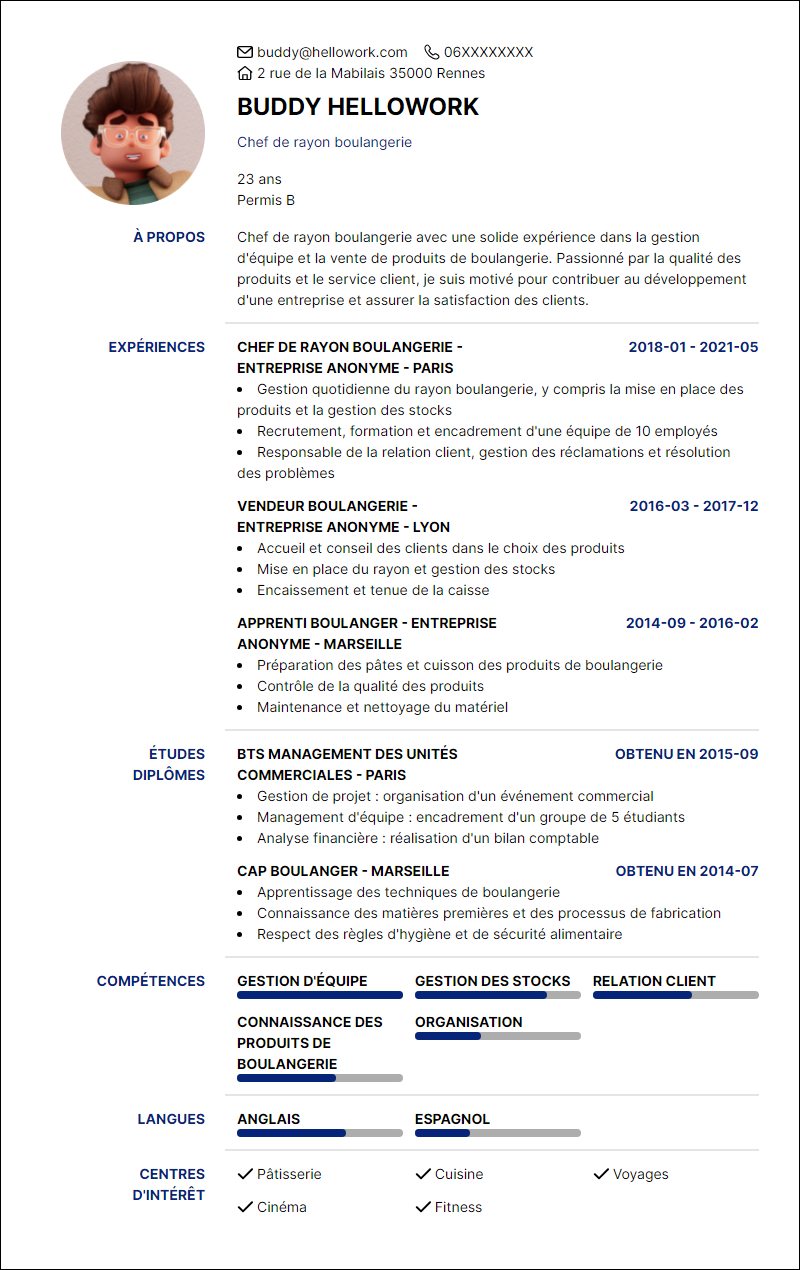 Modèle CV Responsable boulangerie Exemple CV Responsable boulangerie
