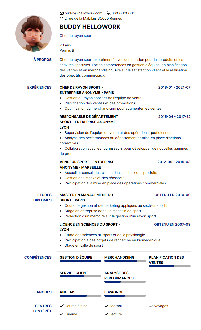 Modèle CV Chef de rayon sport Exemple CV Chef de rayon sport