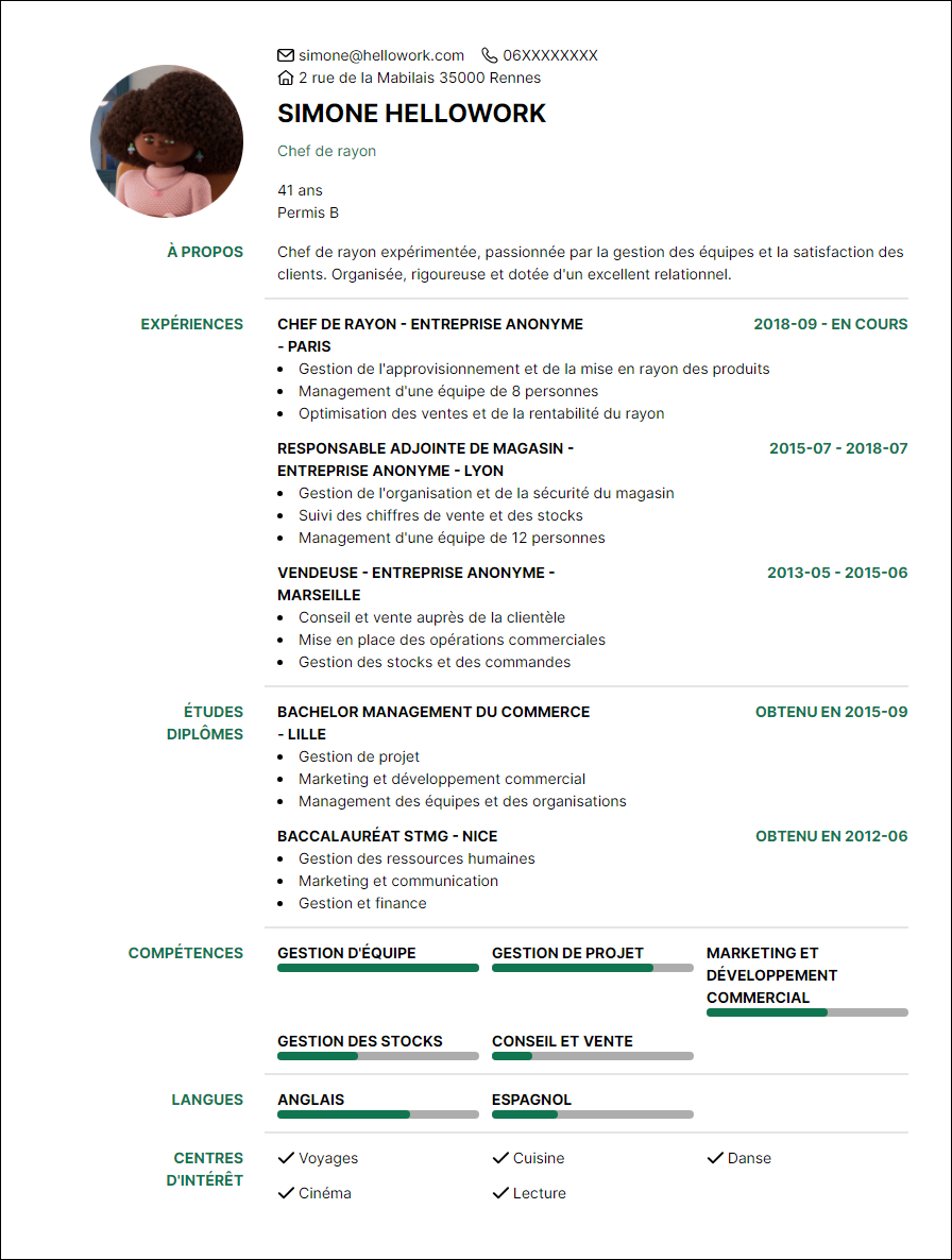 Modèle CV Chef de rayon Exemple CV Chef de rayon