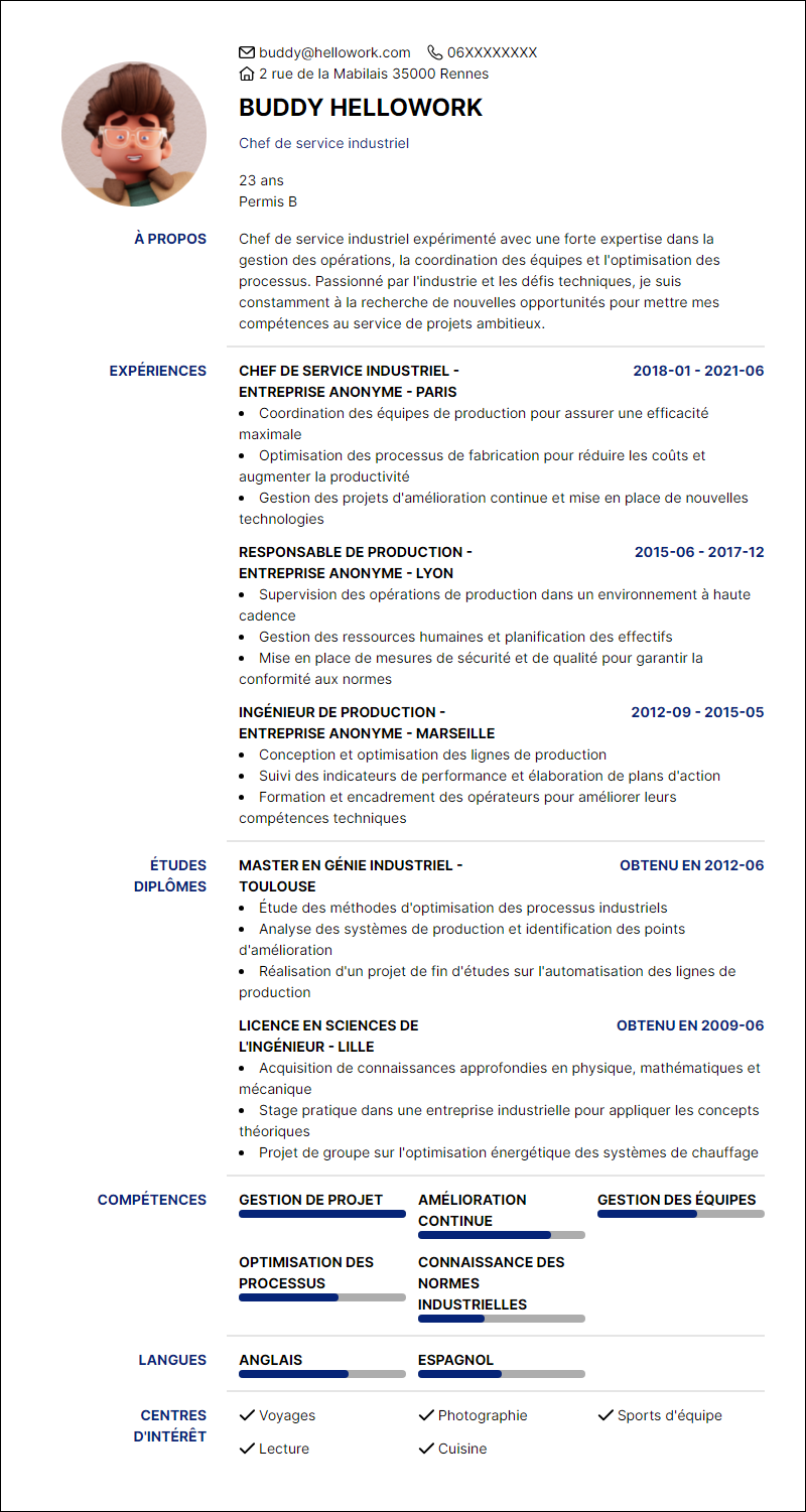 Modèle CV Chef d'équipe en industrie Exemple CV Chef d'équipe en industrie