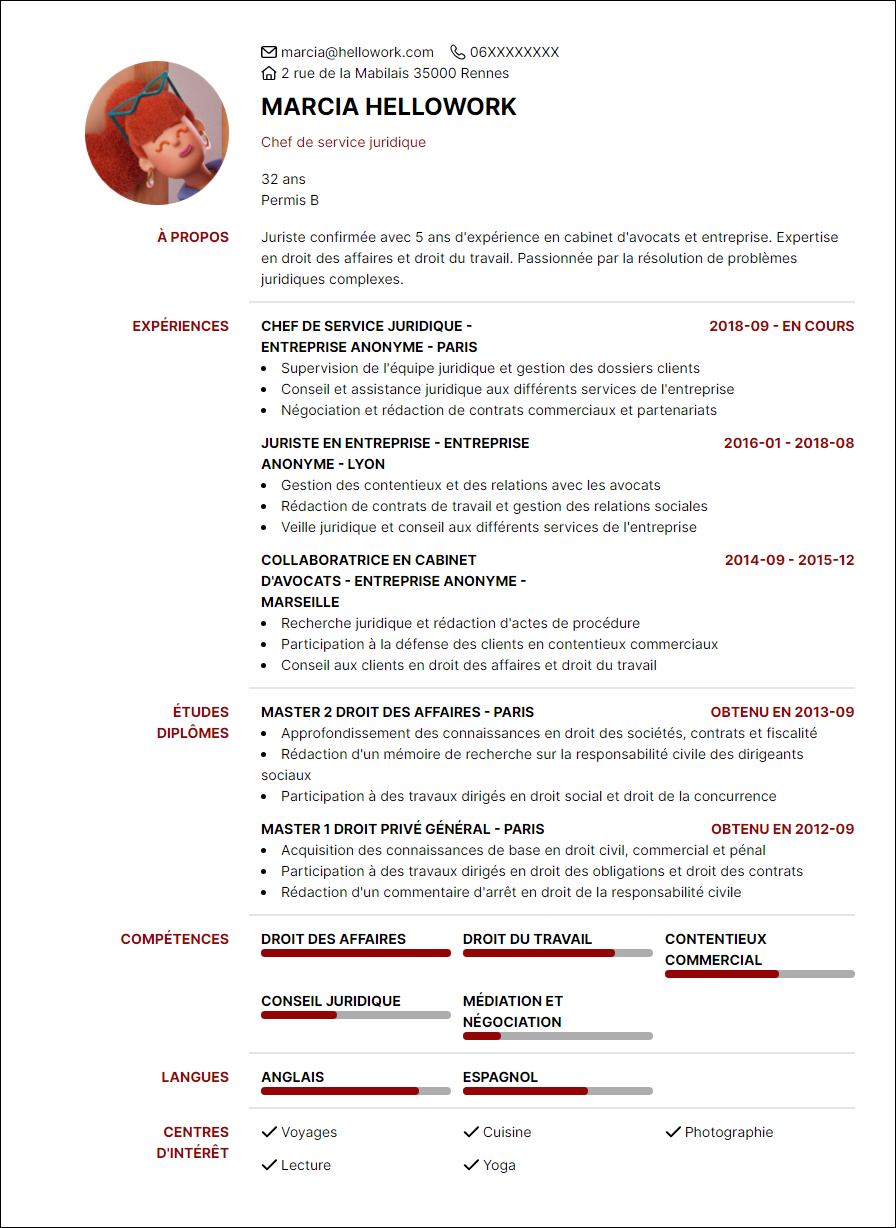 Modèle CV Chef de service juridique Exemple CV Chef de service juridique