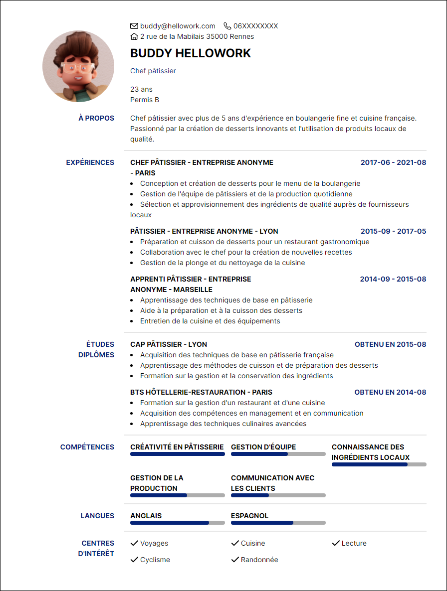 Modèle CV Chef pâtissier Exemple CV Chef pâtissier