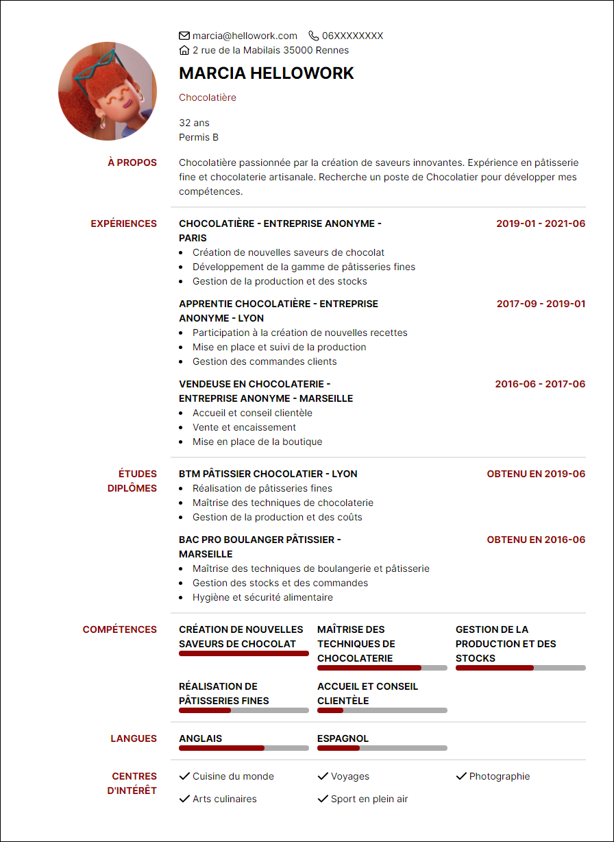 Modèle CV Chocolatier Exemple CV Chocolatier