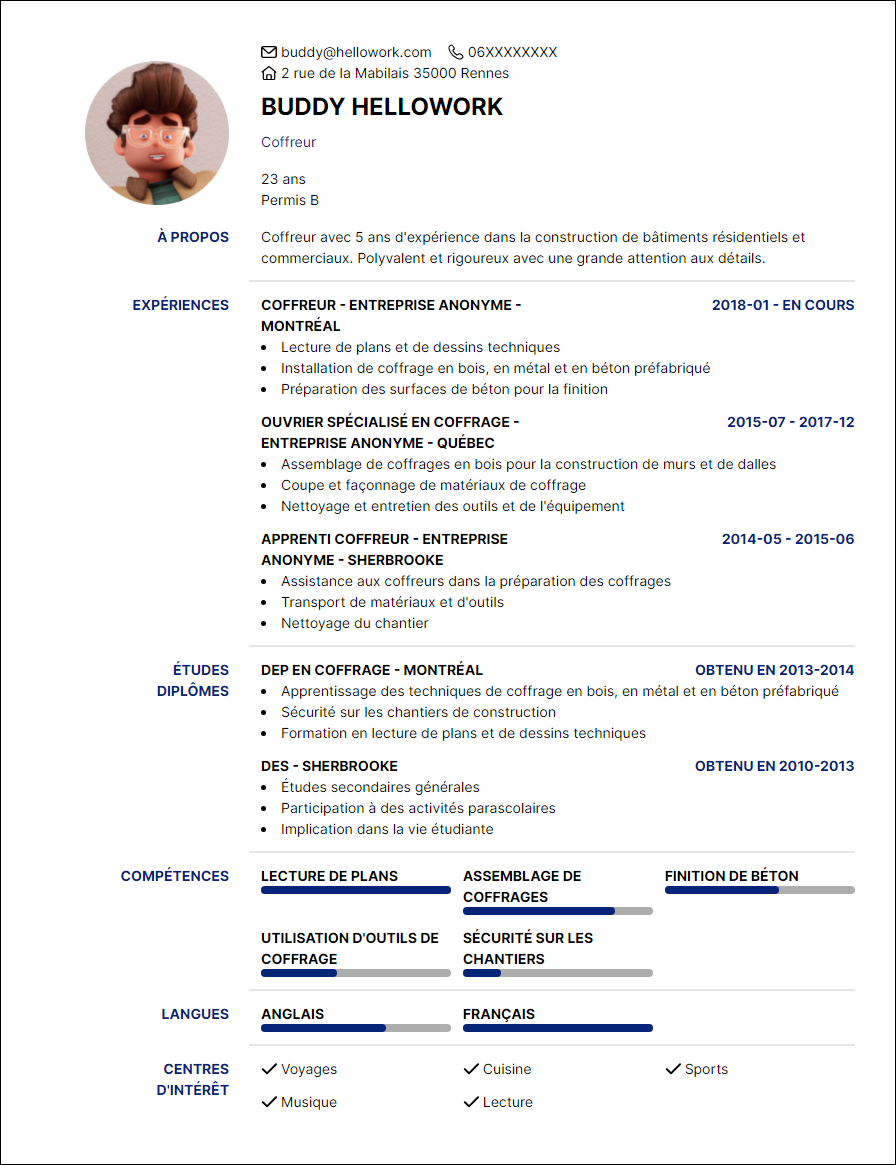 Modèle CV Coffreur bancheur Exemple CV Coffreur bancheur