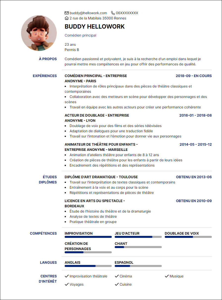 Modèle CV Comédien Exemple CV Comédien