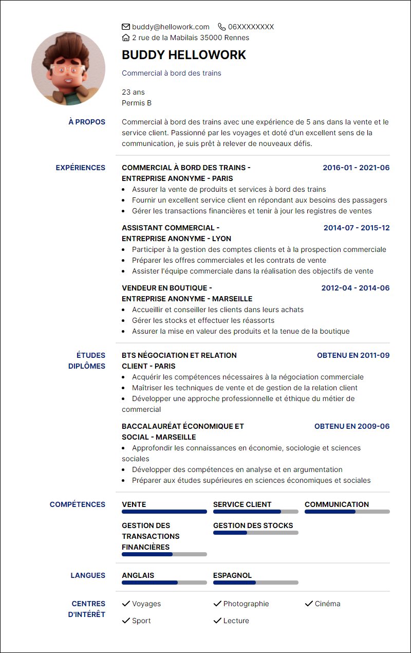 Modèle CV Commercial de bord Exemple CV Commercial de bord