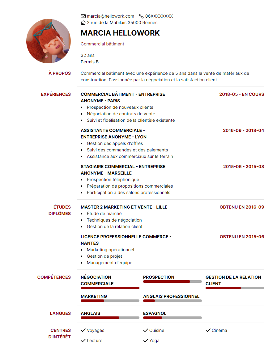 Modèle CV Commercial bâtiment Exemple CV Commercial bâtiment