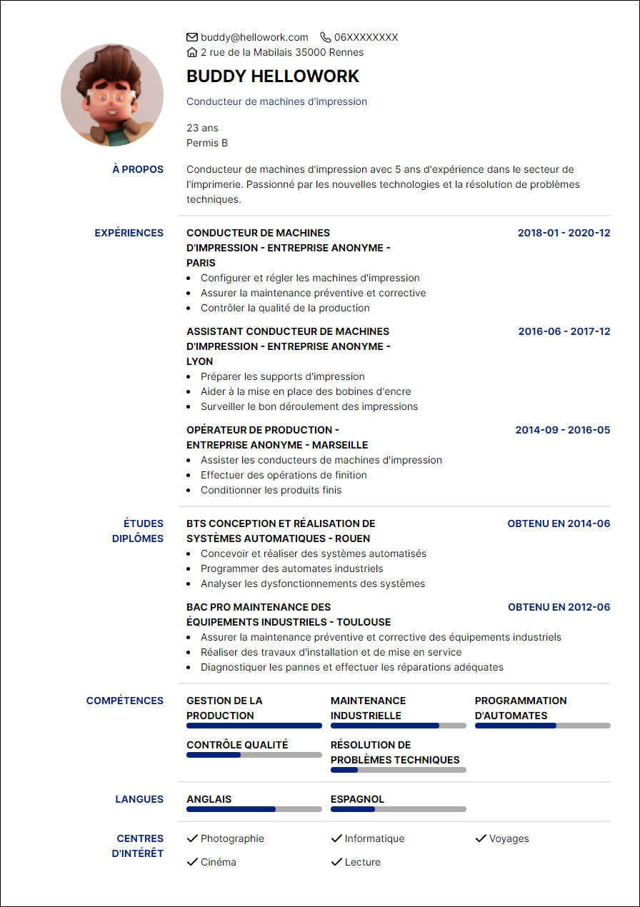 Modèle CV Conducteur offset Exemple CV Conducteur offset