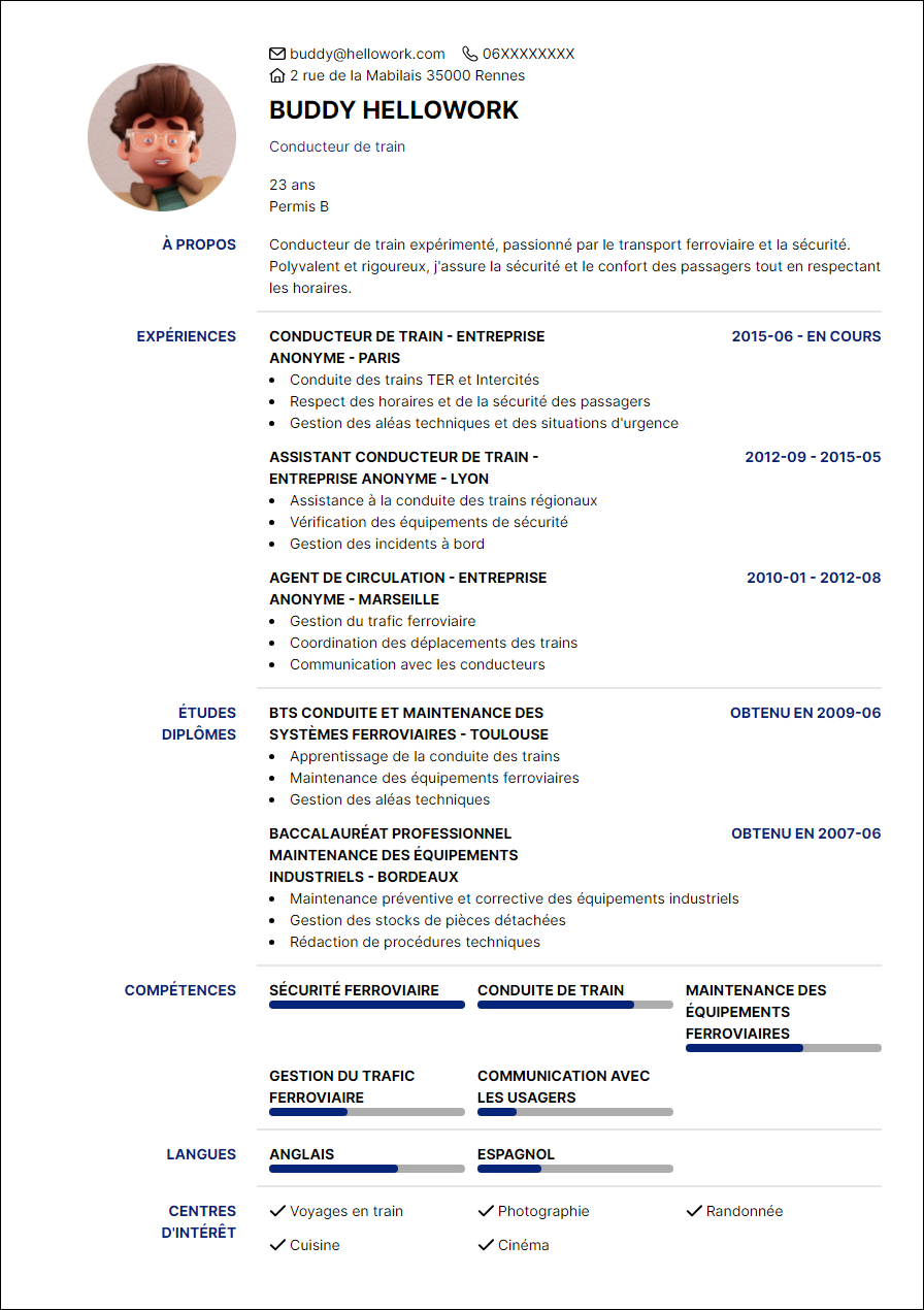 Modèle CV Conducteur de train Exemple CV Conducteur de train