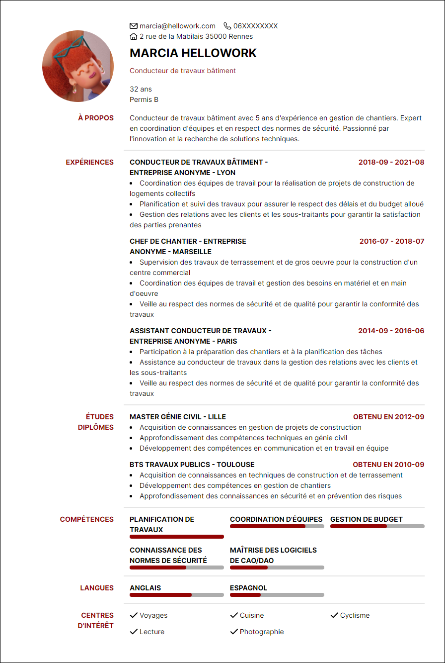Modèle CV Conducteur de travaux bâtiment Exemple CV Conducteur de travaux bâtiment