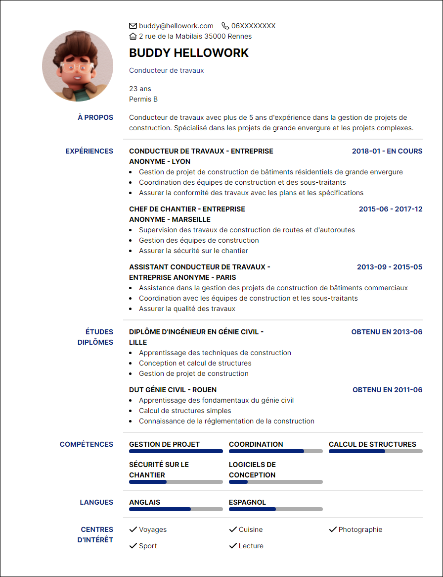 Modèle CV Conducteur de travaux Exemple CV Conducteur de travaux
