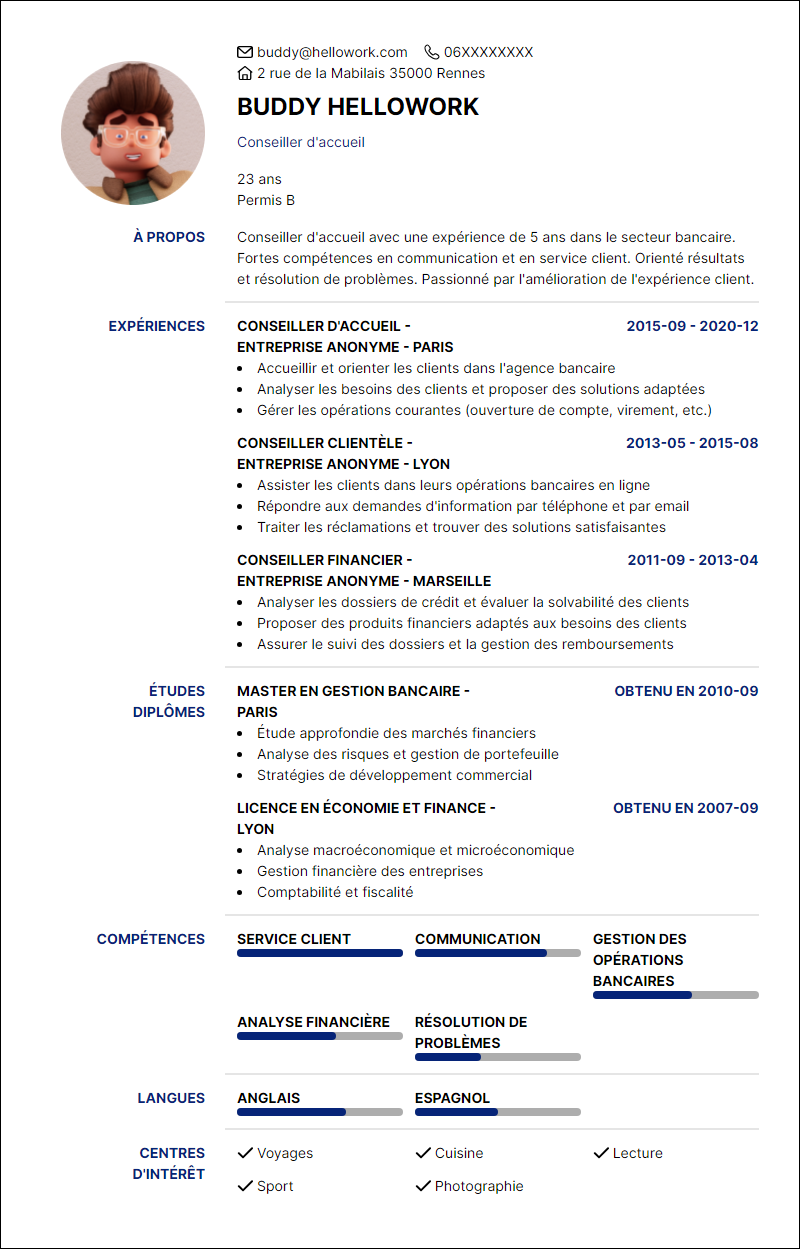 Modèle CV Conseiller d'accueil Exemple CV Conseiller d'accueil