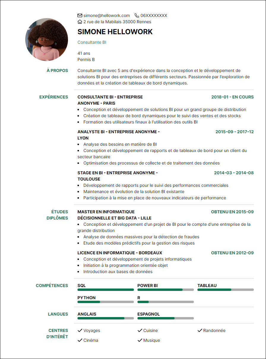 Modèle CV Consultant BI Exemple CV Consultant BI
