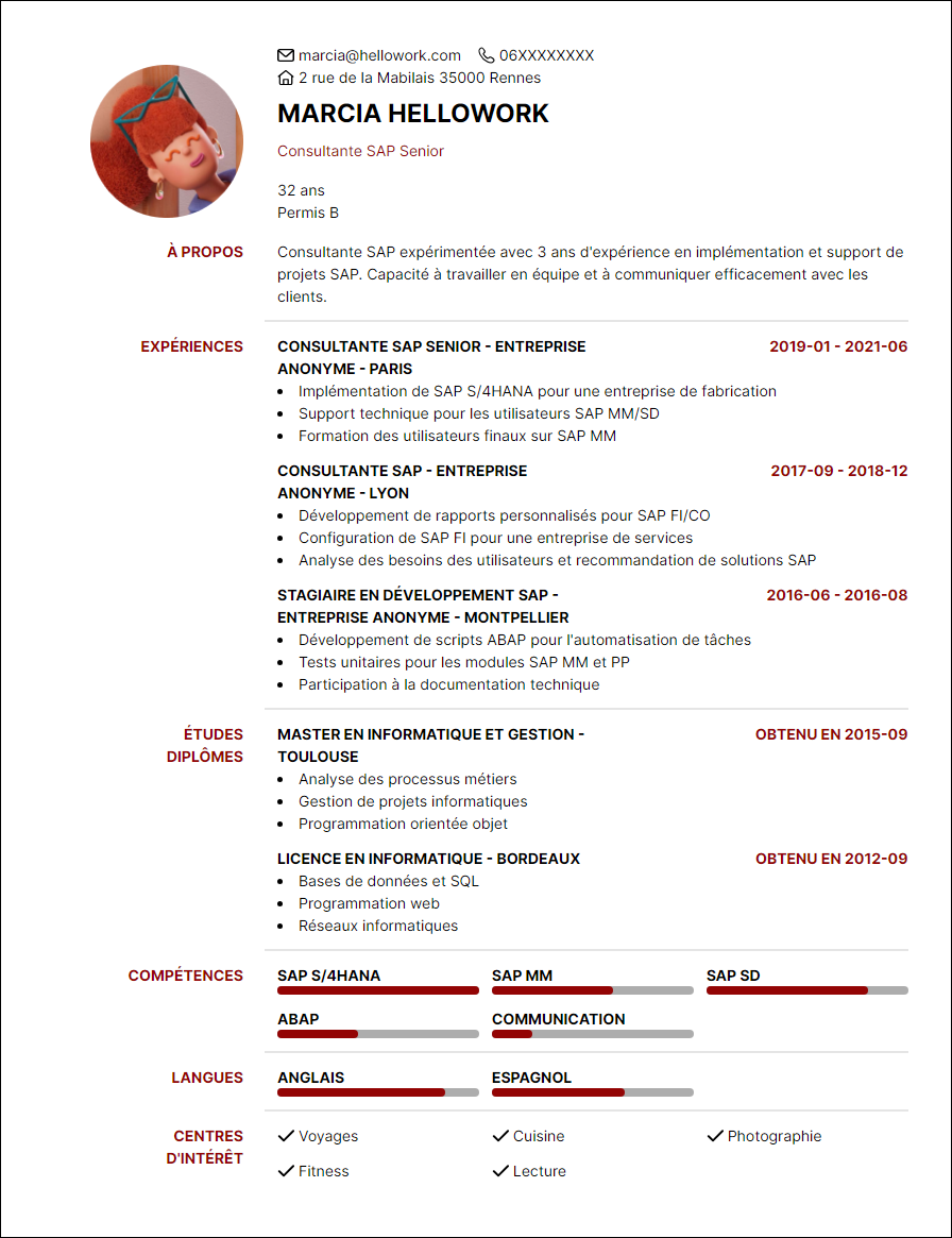 Modèle CV Consultant SAP Exemple CV Consultant SAP