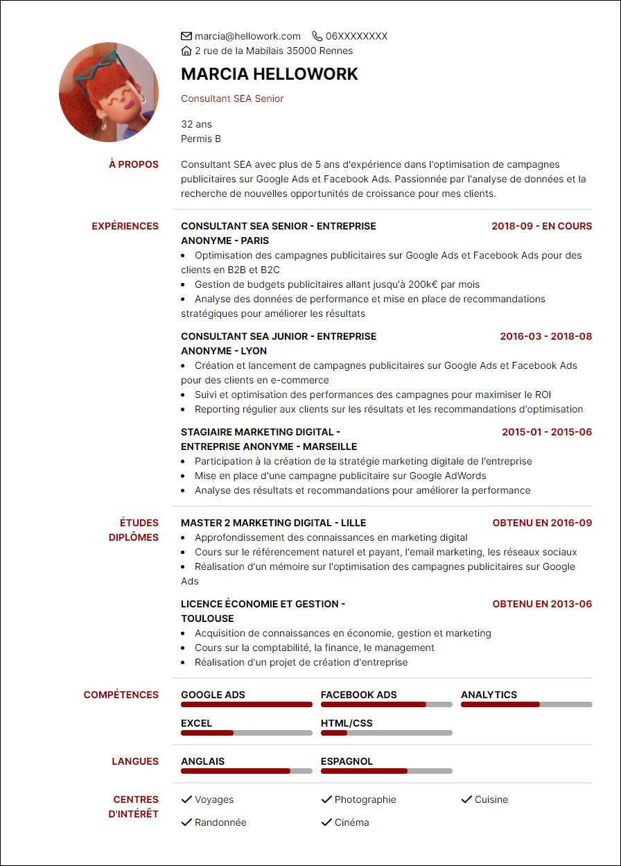 Exemple CV Consultant SEA
