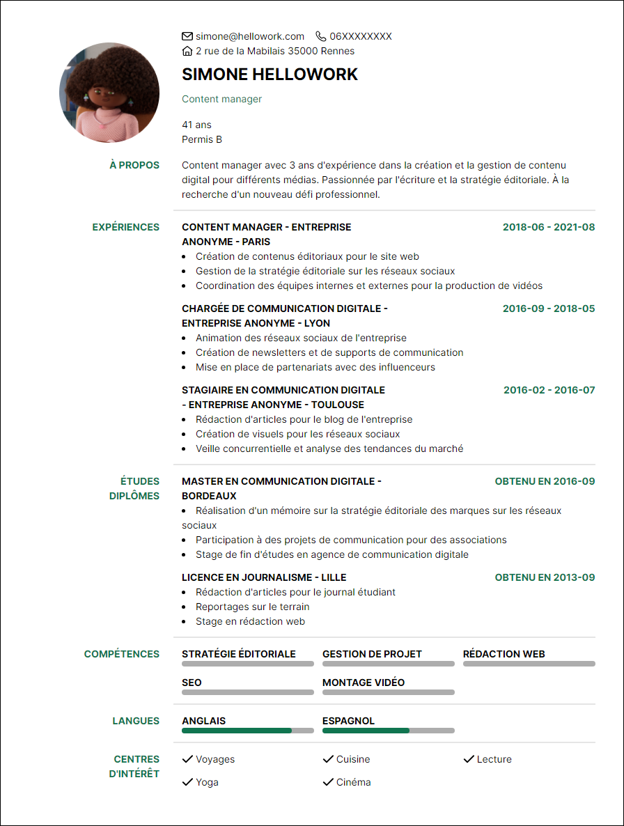 Modèle CV Content manager Exemple CV Content manager
