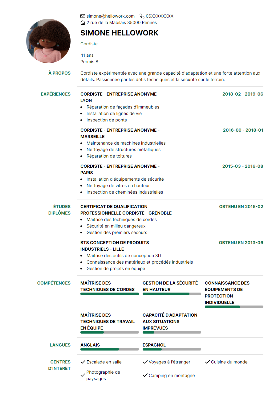 Modèle CV Cordiste Exemple CV Cordiste