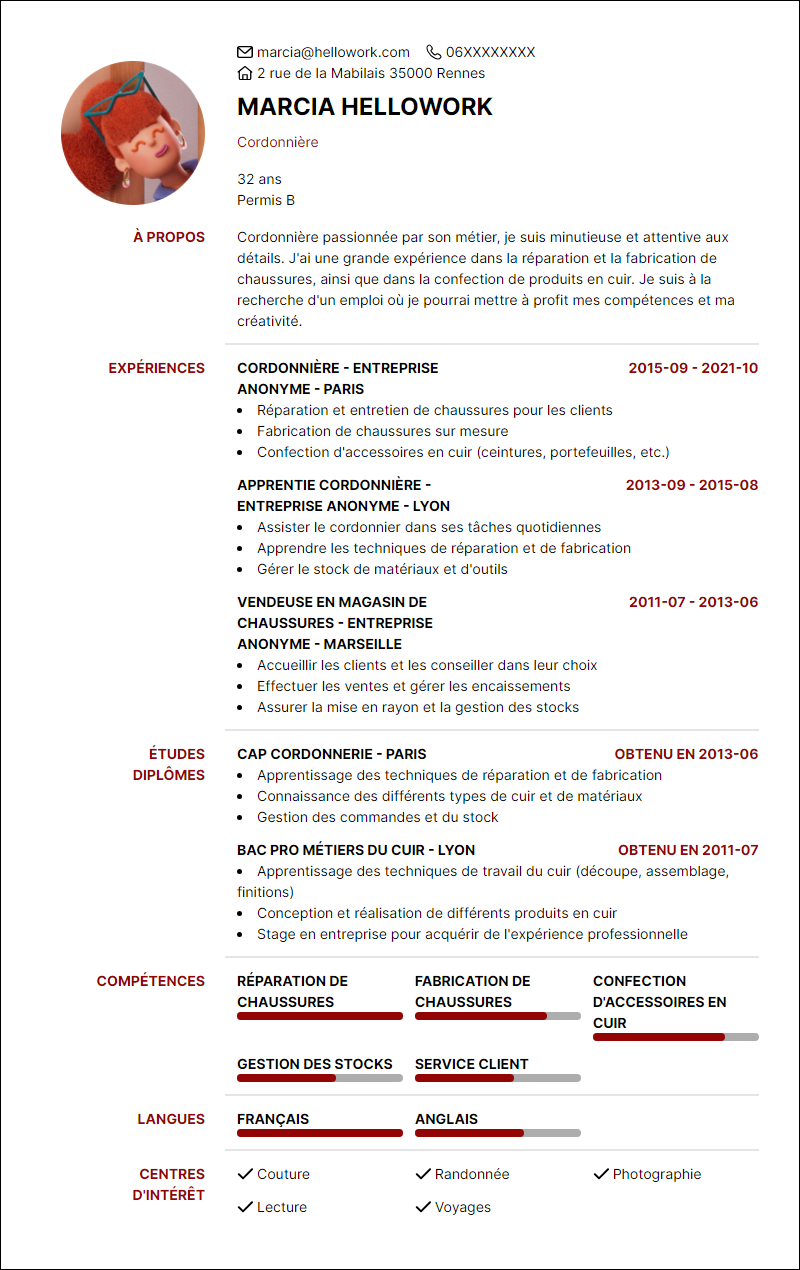 Modèle CV Cordonnier Exemple CV Cordonnier