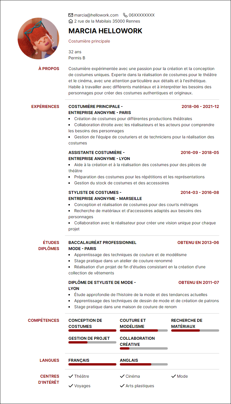 Modèle CV Costumier Exemple CV Costumier