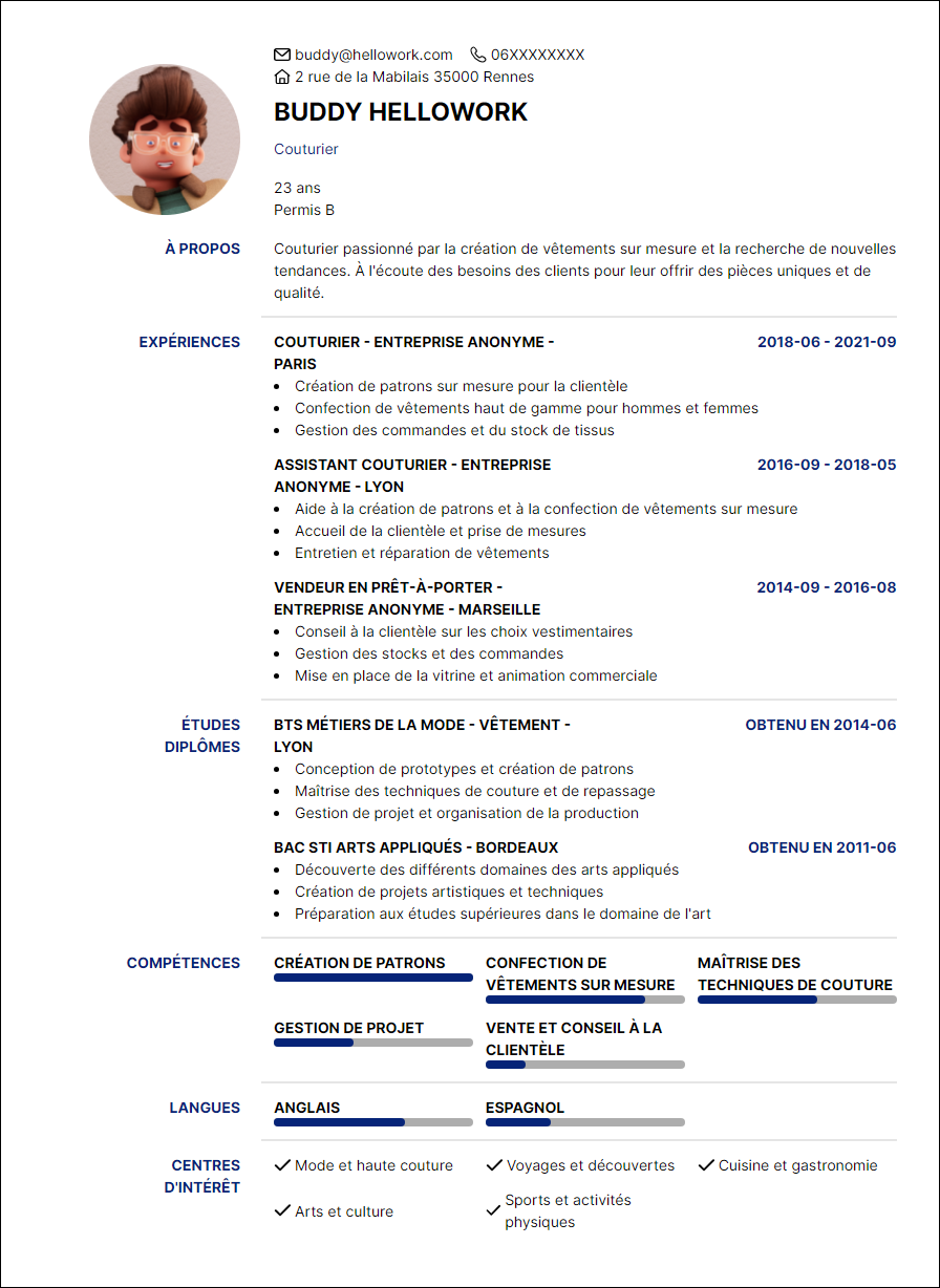 Modèle CV Couturier Exemple CV Couturier