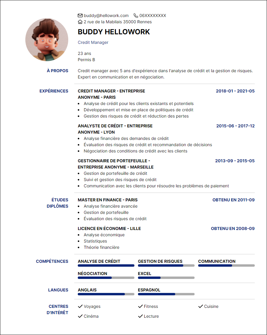 Modèle CV Credit manager Exemple CV Credit manager