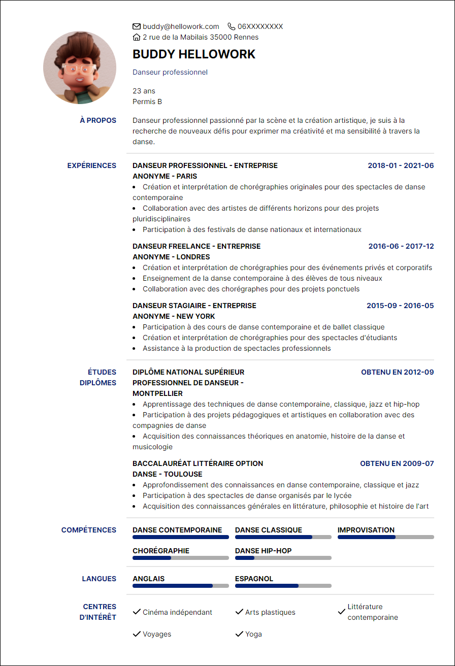 Modèle CV Danseur Exemple CV Danseur