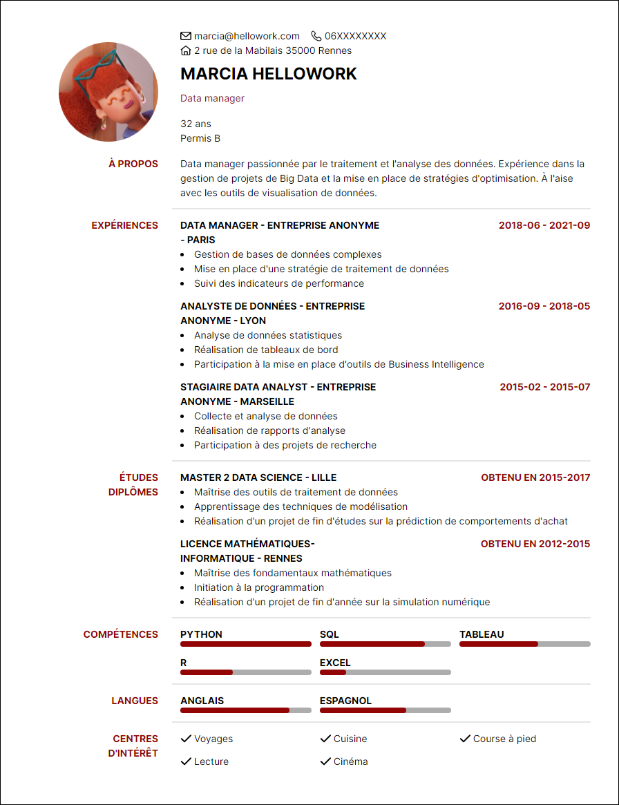 Modèle CV Data manager Exemple CV Data manager