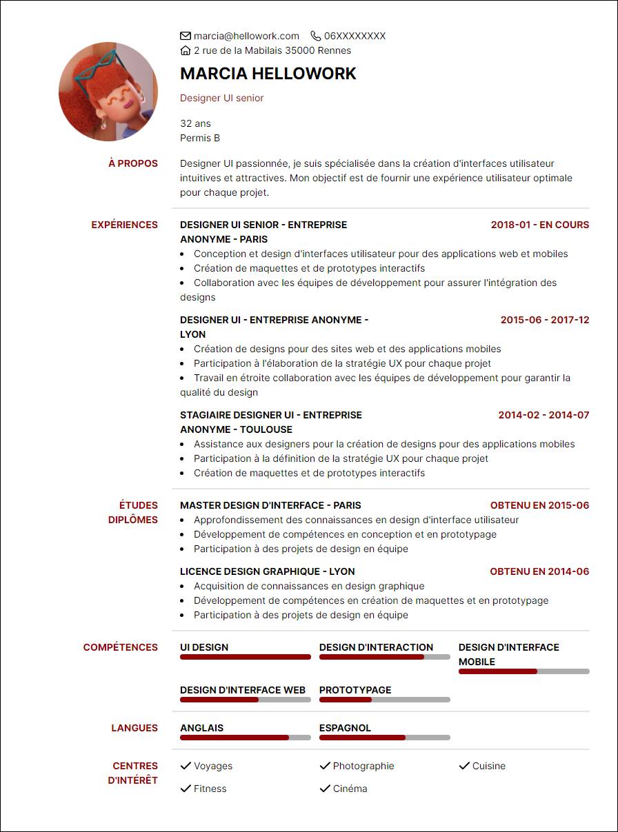 Modèle CV UI designer Exemple CV UI designer